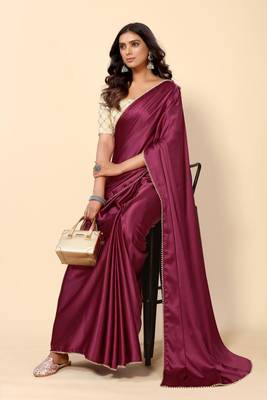 Purple Solid Bollywood Satin Silk Blend Saree With Embroidred Unstitch Blouse 3