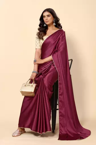 Purple Solid Bollywood Satin Silk Blend Saree With Embroidred Unstitch Blouse