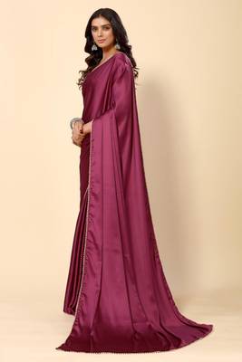 Purple Solid Bollywood Satin Silk Blend Saree With Embroidred Unstitch Blouse 4