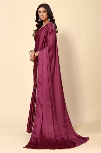 Purple Solid Bollywood Satin Silk Blend Saree With Embroidred Unstitch Blouse