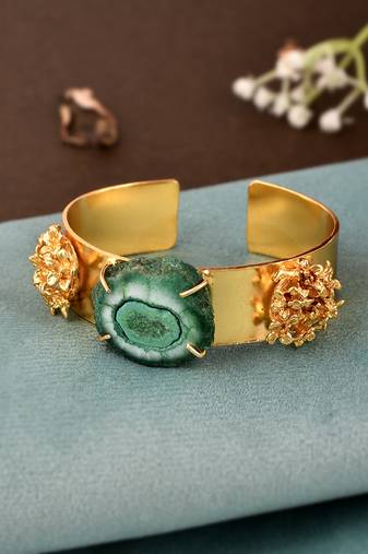 Gold plated green stone studded kada bracelet
