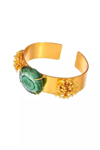Gold plated green stone studded kada bracelet