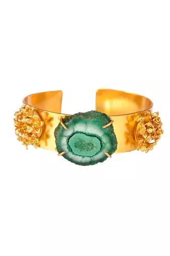 Gold plated green stone studded kada bracelet