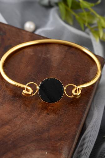 Gold plated western black stone kada bracelet for women
