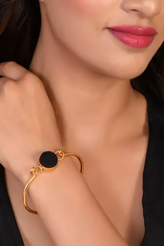 Gold plated western black stone kada bracelet for women