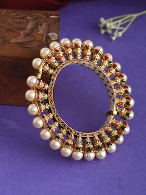 Gold plated kundan pearl heavy gokhru kada bracelet 1