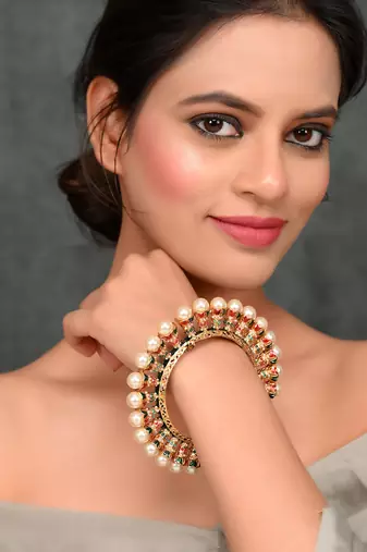 Gold plated kundan pearl heavy gokhru kada bracelet