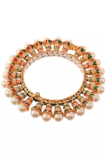 Gold plated kundan pearl heavy gokhru kada bracelet