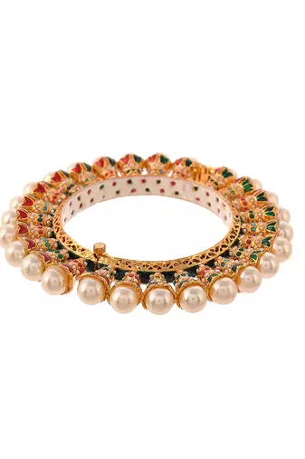Gold plated kundan pearl heavy gokhru kada bracelet