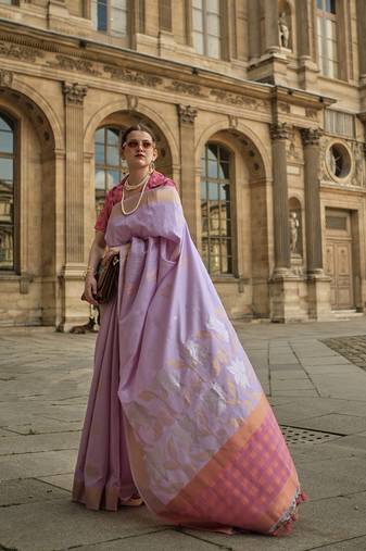Light Lavender Silk Blend Ceremonial Designer Saree