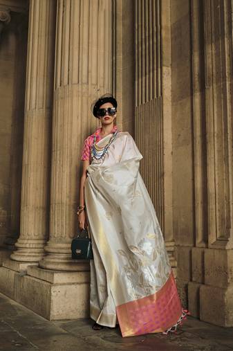 Off White Silk Blend Ceremonial Designer Saree