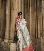 Off White Silk Blend Ceremonial Designer Saree