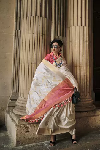Off White silk blend Weaving Work Saree