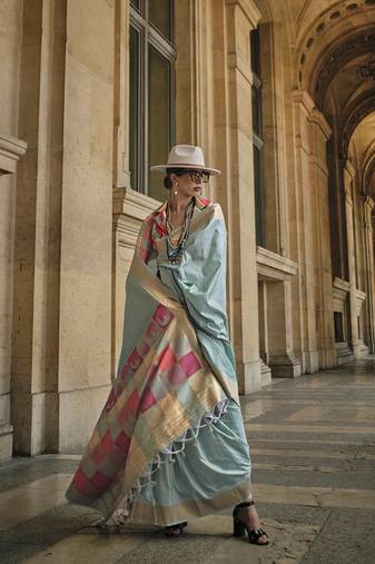 Light Sky Blue Silk Blend Ceremonial Designer Saree