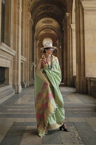 Light Green Silk Blend Ceremonial Designer Saree