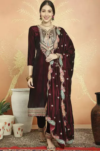 Stylee lifestyle maroon velvet embroidered dress material