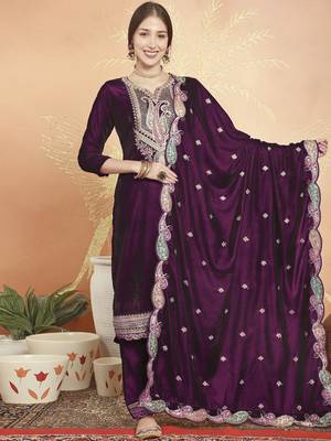 wine velvet embroidered dress material 1