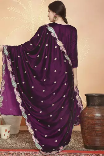 wine velvet embroidered dress material
