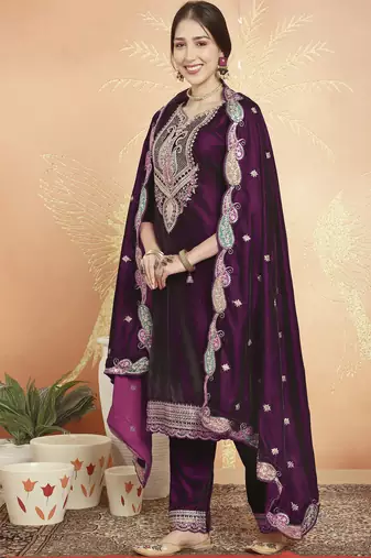 wine velvet embroidered dress material
