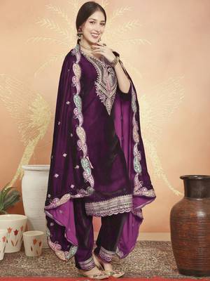 wine velvet embroidered dress material 4