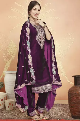 wine velvet embroidered dress material