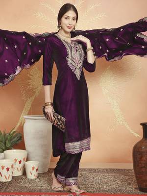 wine velvet embroidered dress material 5