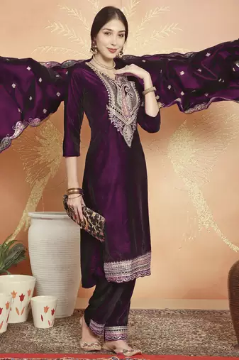 wine velvet embroidered dress material