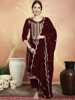 maroon velvet embroidered dress material 1