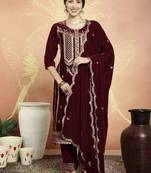 maroon velvet embroidered dress material