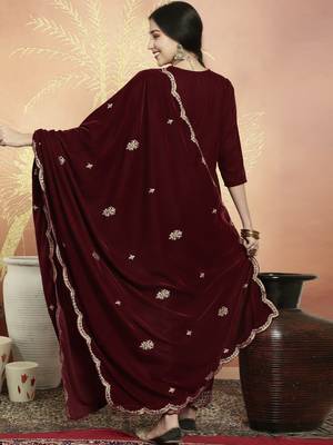 maroon velvet embroidered dress material 2