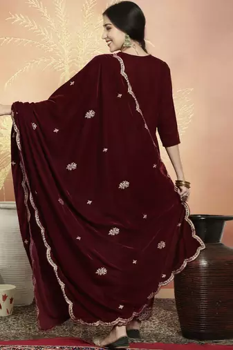 maroon velvet embroidered dress material