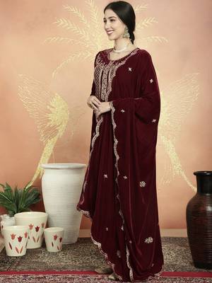 maroon velvet embroidered dress material 3