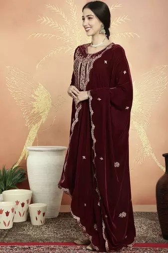 maroon velvet embroidered dress material