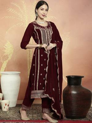 maroon velvet embroidered dress material 4