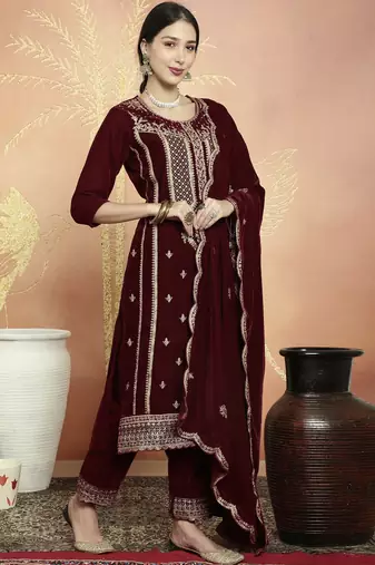 maroon velvet embroidered dress material
