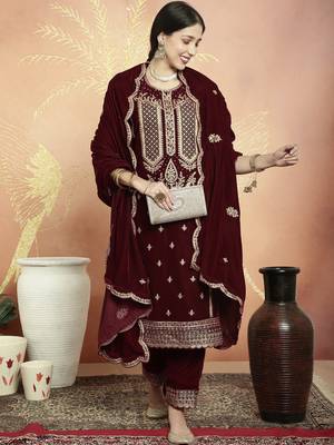 maroon velvet embroidered dress material 5