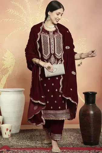maroon velvet embroidered dress material