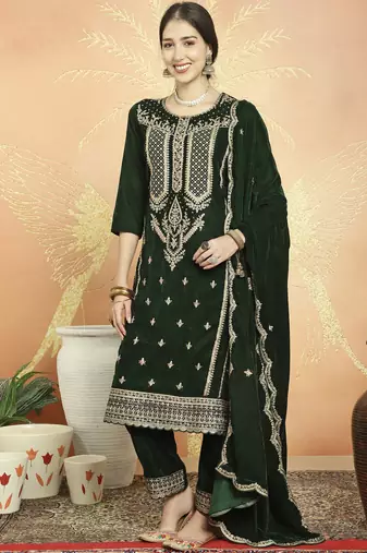 green velvet embroidered dress material