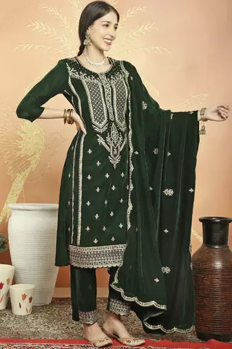green velvet embroidered dress material