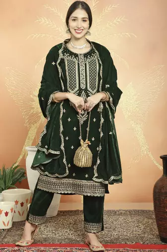 green velvet embroidered dress material