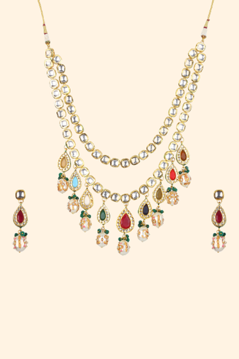 Runjhun traditional kundan & pearl studded necklace jewellery set for women
