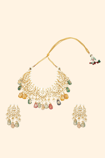 Runjhun gold tone kundan & pearls bridal necklace with earring