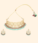 Runjhun squared style decent traditional green kundan & beads studded choker necklace set for women