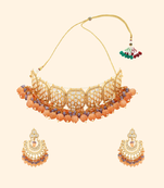 Runjhun squared style decent traditional orange kundan & beads studded choker necklace set for women