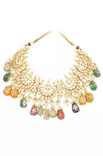 Runjhun gold tone kundan & pearls bridal necklace with earring