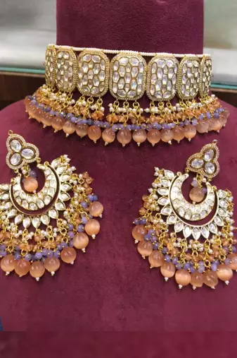 Runjhun squared style decent traditional orange kundan & beads studded choker necklace set for women