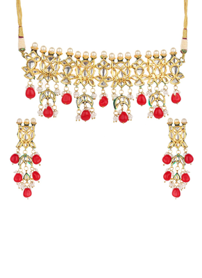 Runjhun gold plated red & golden kundan studded & beaded jewellery set for womens 1