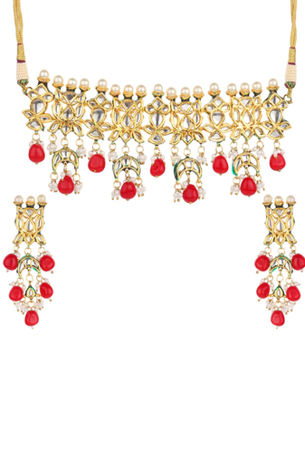 Runjhun gold plated red & golden kundan studded & beaded jewellery set for womens