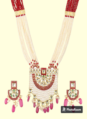 Runjhun gold plated white & pink kundan & ruby studded beaded meenakari handcrafted jewellery set 1