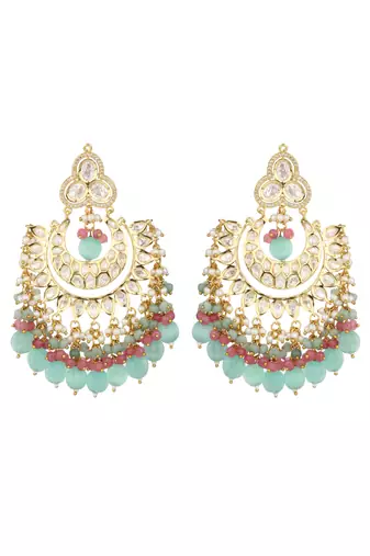 Runjhun squared style decent traditional green kundan & beads studded choker necklace set for women